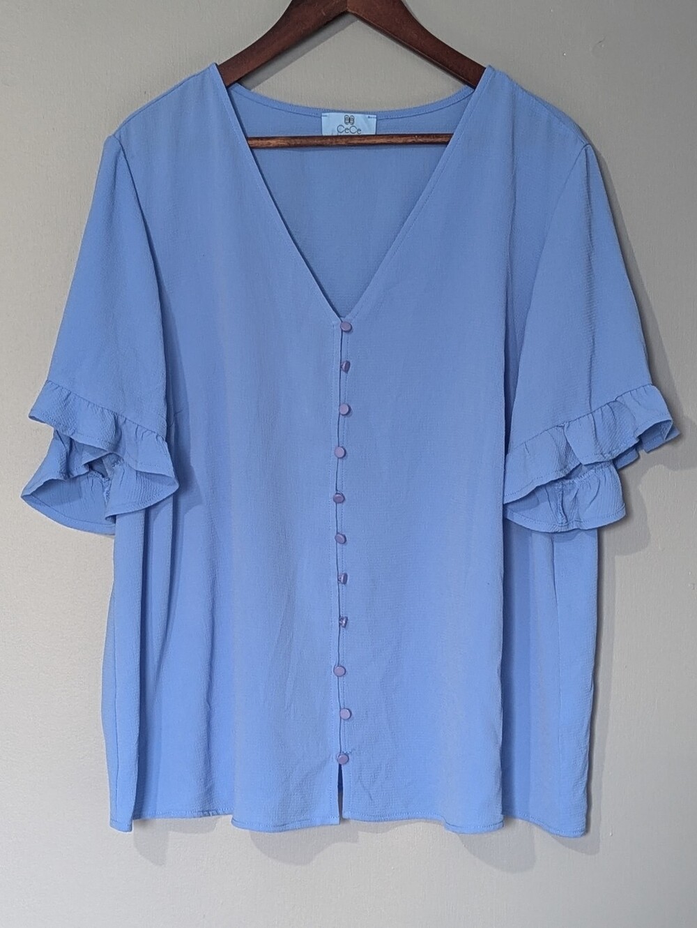Cece Women's Pastel Blue V-Neck Ruffle Sleeve Button-Front Top‎ Romantic
